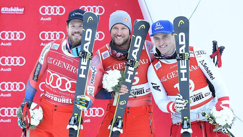 Die Sieger des Super G in Kitzbühel: Kjetil Jansrud (NOR/2.Platz) , Sieger Aksel Lund Svindal (NOR) und Matthias Mayer (AUT/3.Platz)