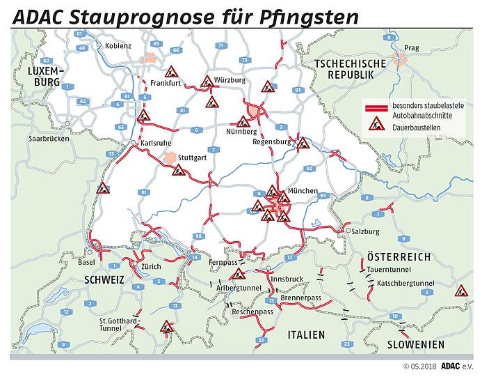 Auf diesen Strecken dürfte es während der Pfingstferien am Häufigsten zu Staus kommen.