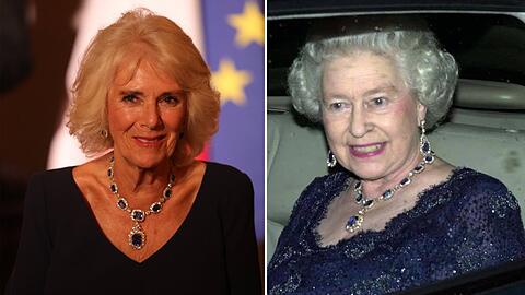 Königin Camilla (li.) trug in Versailles Schmuck von Queen Elizabeth II.