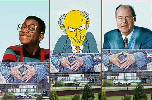 Ob Steve Urkel, Monty Burns oder Peer Steinbrück: Das Plakat der Merkelraute ist für jeden zu gebrauchen.
