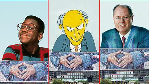 Ob Steve Urkel, Monty Burns oder Peer Steinbrück: Das Plakat der Merkelraute ist für jeden zu gebrauchen. Ob Steve Urkel, Monty Burns oder Peer Steinbrück: Das Plakat der Merkelraute ist für jeden zu gebrauchen.
