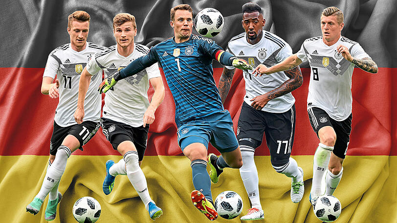 Gefordert (v.l.): Die Nationalspieler Marco Reus, Timo Werner, Manuel Neuer, Jérôme Boateng und Toni Kroos.