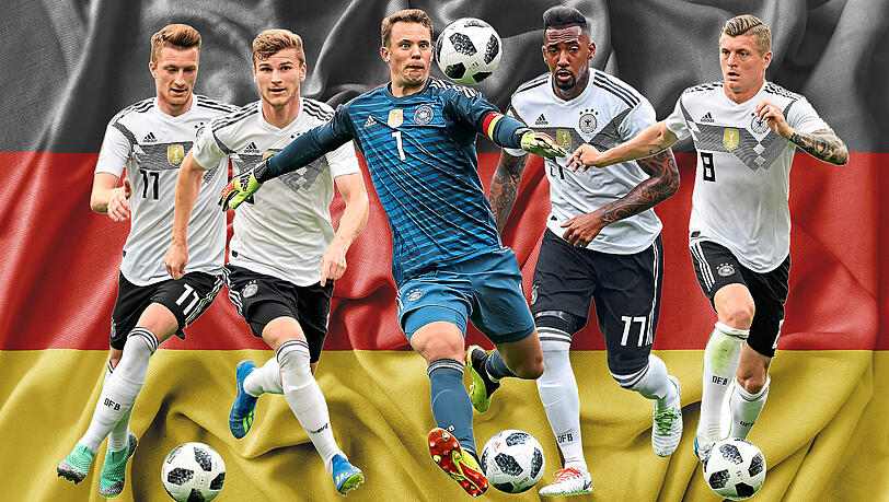Gefordert (v.l.): Die Nationalspieler Marco Reus, Timo Werner, Manuel Neuer, Jérôme Boateng und Toni Kroos. Gefordert (v.l.): Die Nationalspieler Marco Reus, Timo Werner, Manuel Neuer, Jérôme Boateng und Toni Kroos.