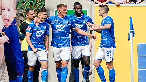 Hoffenheims Torschütze Christoph Baumgartner (l) jubelt mit Mannschaftskollegen über das Tor zur 1:0-Führung.
