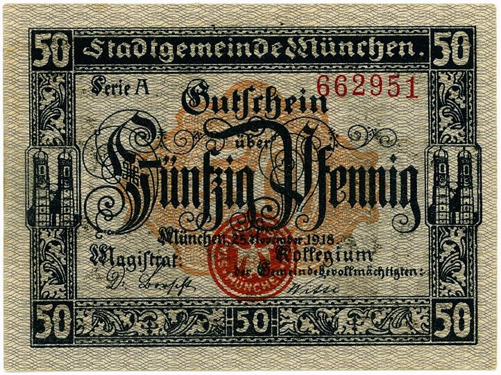 Auf der Rückseite des "50 Pfennig"-Scheins ist links und rechts die Frauenkirche zu sehen. Gedruckt wird auch dieser Schein bei den Buchdruckern Gebrüder Parcus.