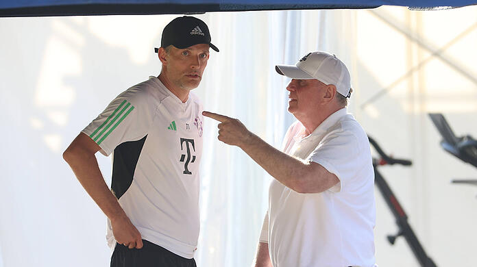 Bayern coach Thomas Tuchel with honorary president Uli Hoeness.