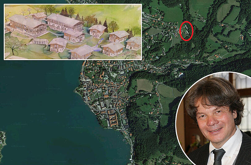 Das Almdorf am Fuße des Neureuth (roter Kreis) in Sichtweite zum Tegernsee: Michael Käfer hat Interesse. Er plant ein Hotel bestehend aus kleineren und größeren Almen.