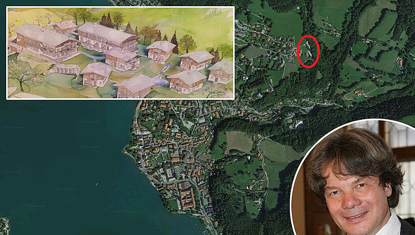 Das Almdorf am Fuße des Neureuth (roter Kreis) in Sichtweite zum Tegernsee: Michael Käfer hat Interesse. Er plant ein Hotel bestehend aus kleineren und größeren Almen.