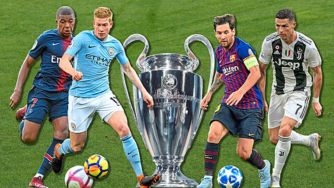 Mitfavoriten in der Champions League (v.li.): Paris St.-Germain mit Kylian Mbappé, Manchester City mit Kevin de Bruyne, der FC Barcelona mit Lionel Messi und Juventus Turin mit Cristiano Ronaldo.
