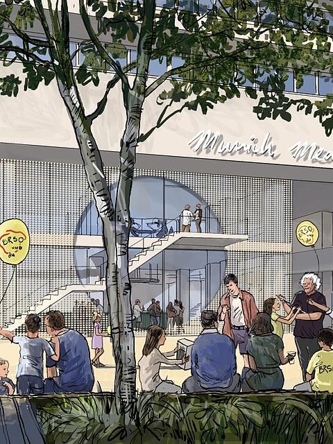 Projektion Munich Media Hub, Ansicht Ecke Hopfen-/Arnulfstra&szlig;e.
