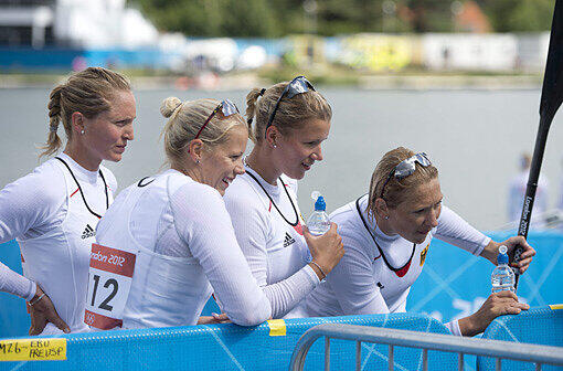 Eton Dorney Rowing Centre, Dorney Lake, Buckinghamshire, Grossbritannien: Carolin Leonhardt (v.l.), Tina Dietze, Franziska Weber und Katrin Wagner-Augustin. Foto: Axel Schmidt