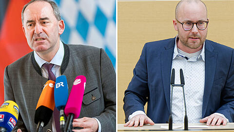 Der Freie-Wähler-Chef Hubert Aiwanger und der Parlamentarische Geschäftsführer Felix Locke (r).