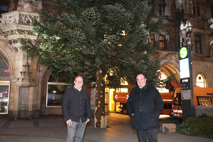 Max Bertl, Bürgermeister von Steingaden und Wirtschaftsreferent Clemens Baumgärtner vor der Christbaum am Marienplatz