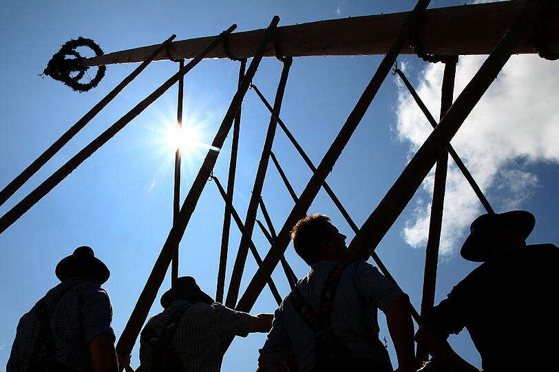 Burschen in bayerischer Tracht stemmen am 01.05.2014 in Großweil bei Garmisch-Partenkirchen (Bayern) Stück für Stück einen rund 38 Meter hohen Maibaum mittels Stangen in die Senkrechte. Alle drei Jahre wird in der kleinen Gemeinde ein neuer Maibaum in stundenlanger Handarbeit aufgestellt. Foto: Karl-Josef Hildenbrand/dpa