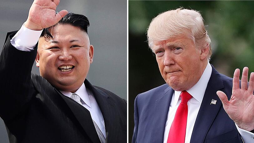 Die Kombo zeigt den nordkoreanischen Machthaber Kim Jong Un (l) am 15.04.2017 in Pjöngjang, Nordkorea, und US-Präsident Donald Trump am 29.04.2017 in Washington, USA.