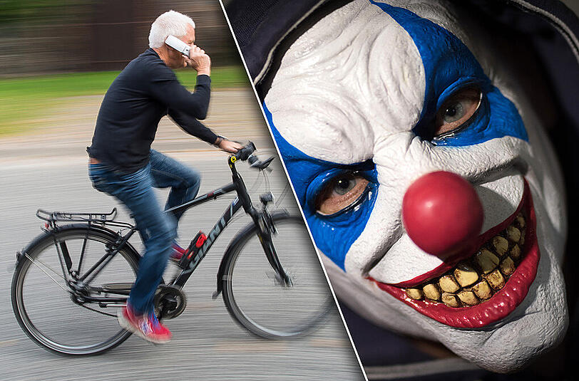 Die Horror-Clowns sprangen aus dem Gebüsch und bedrohten den Radfahrer. Der stürzte und verletzte sich dabei leicht. (Symbolbilder)