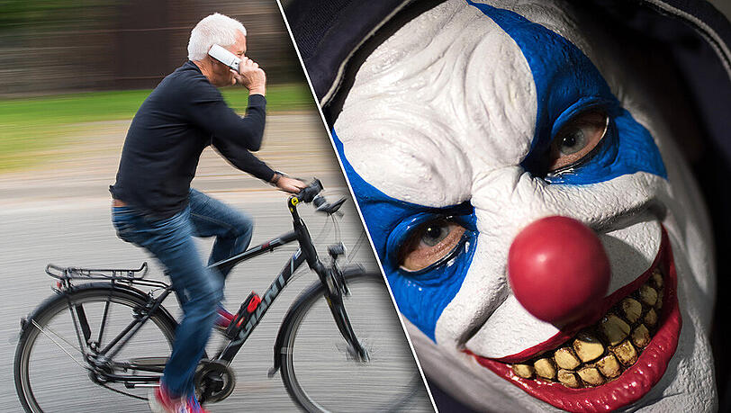 Die Horror-Clowns sprangen aus dem Gebüsch und bedrohten den Radfahrer. Der stürzte und verletzte sich dabei leicht. (Symbolbilder) Die Horror-Clowns sprangen aus dem Gebüsch und bedrohten den Radfahrer. Der stürzte und verletzte sich dabei leicht. (Symbolbilder)