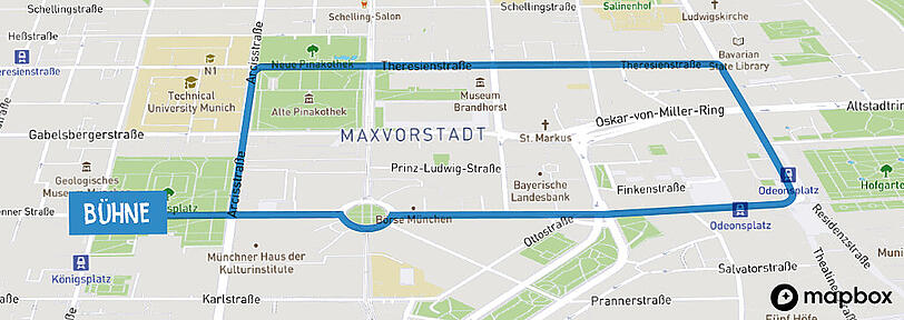 Die Route der "Mia ham's satt"-Demo am Samstag: Vom Königsplatz über die Brienner Straße zum Karolinenplatz, von dort aus wieder durch die Brienner Straße zum Odeonsplatz. Anschließend über die Ludwigstraße, dann rechts in die Theresienstraße und über die Arcisstraße zurück zum Königsplatz.