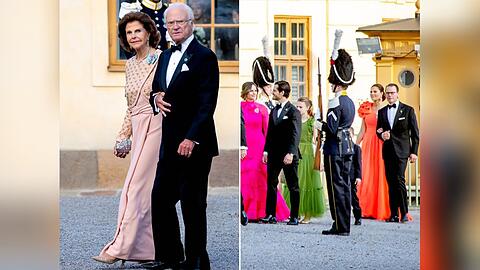 Das Königspaar und seine Dinner-Gesellschaft - unter anderem Prinzessin Sofia in Pink, Prinzessin Estelle in Moosgrün und Kronprinzessin Victoria in Orange - am Vorabend des Thonjubiläums.
