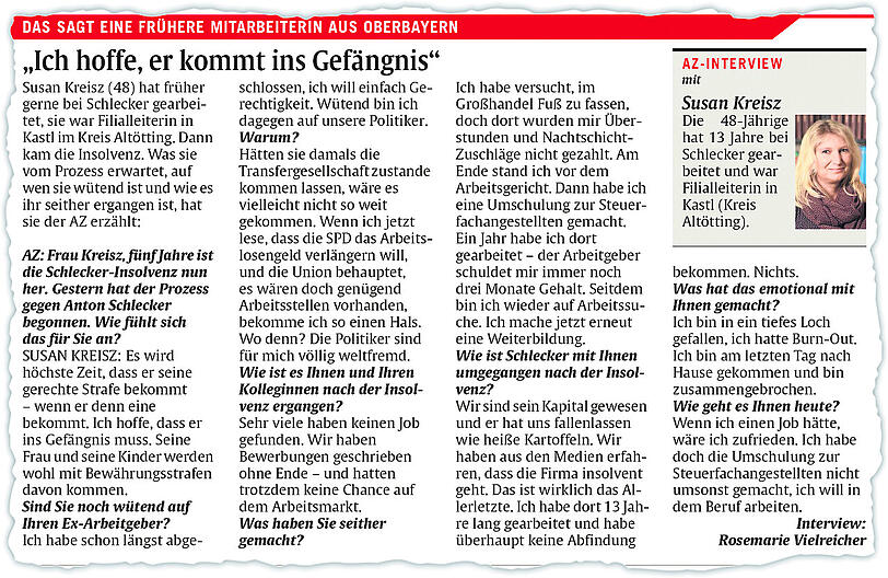 2017 hatte Susan Kreisz der AZ ihren steinigen Weg nach der Schlecker-Insolvenz geschildert.