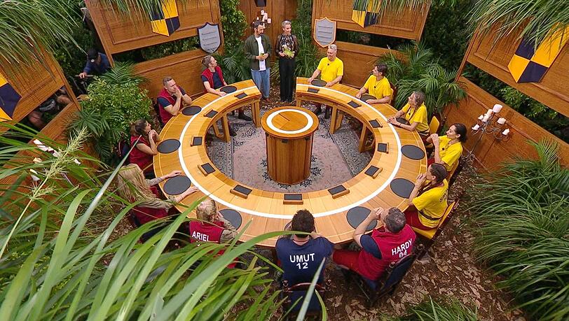 Bei der Ekel-Pr&uuml;fung "Unfair-R&auml;tern" sitzen die zw&ouml;lf Promis an einem runden Tisch