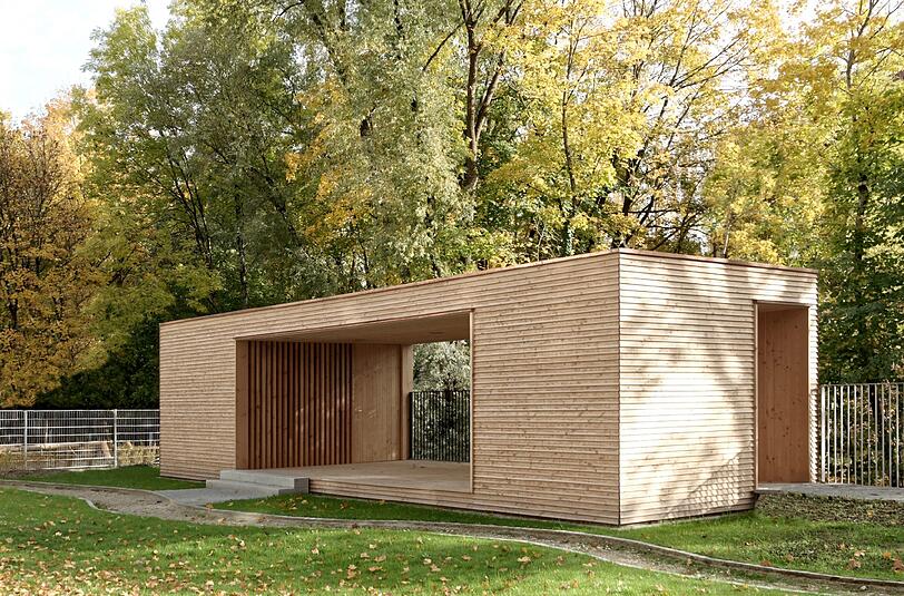 Ein Holz-Quader als Pavillon für Kinder an der Freispielfläche Auenstraße von den Architekten Speier, Unger, Zielinski.