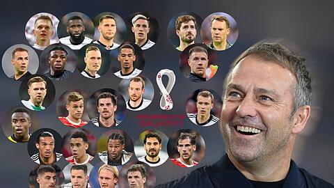 Das ist er, der WM-Kader von Bundestrainer Hansi Flick (r.): Mario Götze, Youssoufa Moukoko (beide ganz links) sowie Niclas Füllkrug (dazwischen) zählen zu den Überraschungen.