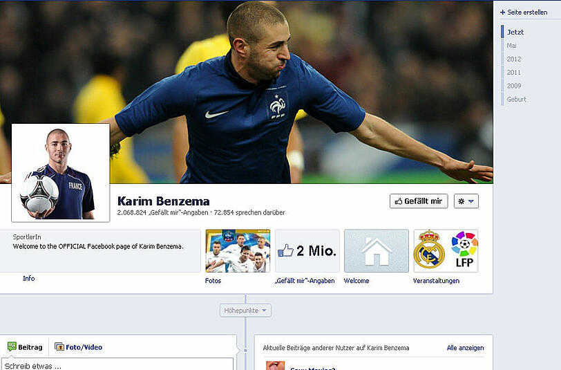 Platz Fünf in der Rangliste geht nach Frankreich: Karim Benzema zählt 2,1 Millionen virtuelle Sympathisanten. Sie bekamen von ihm zuletzt Bilder aus dem Mannschaftsbus der Nationalelf geliefert oder erhalten einen kleinen Einblick in die Umkleidekabine - http://www.facebook.com/KarimBenzema.