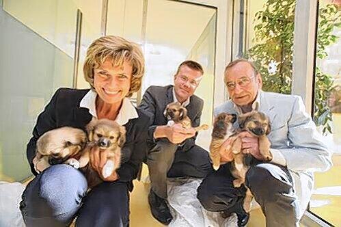 Strahlten bei der Eröffnung: Dagmar Wöhrl, Marcus König und Denny Baruch (v. l.) mit Hundewelpen.