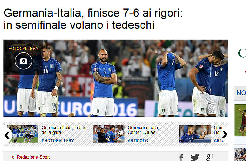 Il Gazzetino beklagt den Ausgang des Elfmeterschießens: "Ins Semifinale fliegen die Deutschen."