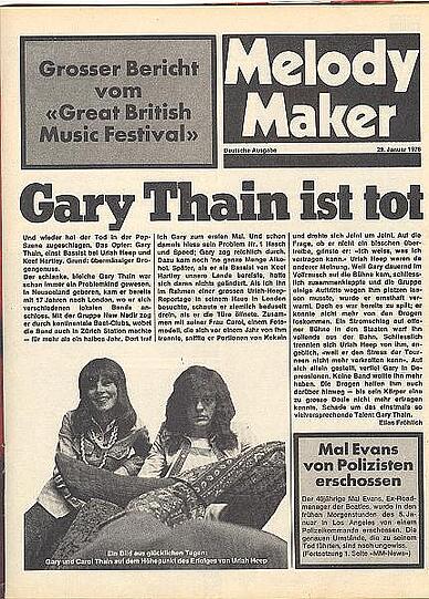 Die Zeitschrift "Melody Maker" berichtet 1975 über Thains Tod mit 27 Jahren.