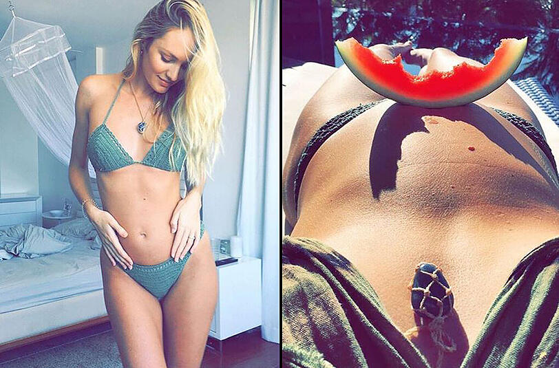 Candice lässt es sich mit frischer Melone und Bikini am Pool ganz schön gut gehen.