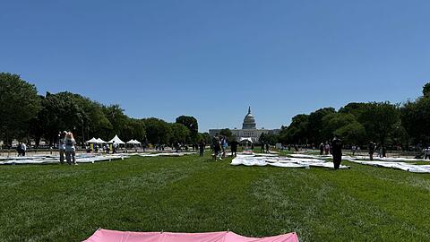 „Trans Lives Matters“ - auf der National Mall vor dem Kapitol sind am ersten Tag der Worldpride verschiedene Banner zu sehen, auf denen die Rechte von Transpersonen eingefordert werden.