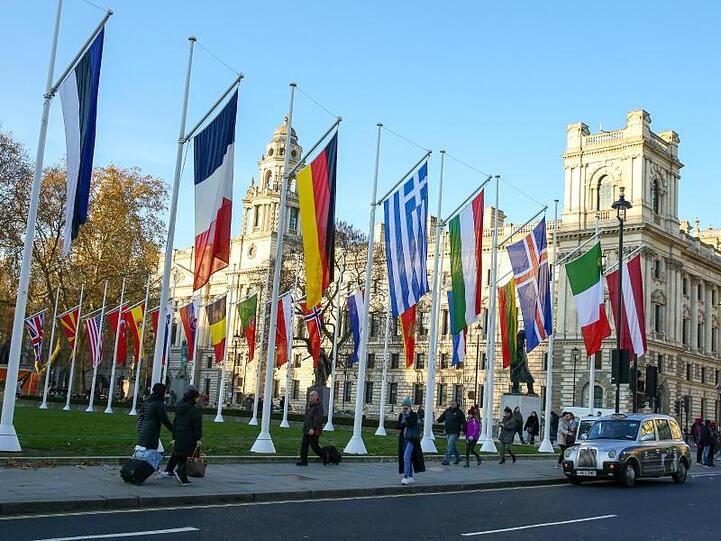 Die Flaggen der Nato-Mitgliedsstaaten wehen in London.