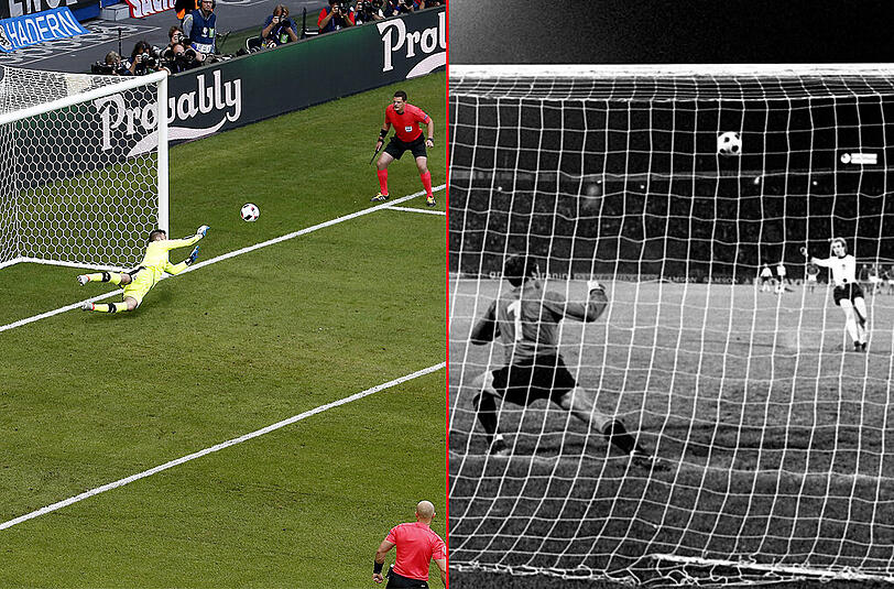Zwischen diesen verschossenen Elfmetern liegen 40 Jahre. Mesut Özil veschießt bei der Euro 2016 gegen die Slowakei einen Elfmeter aus dem Spiel. Rechtes Bild: Uli Hoeneß haut den Ball im EM-Finale beim Elfmeterschießen gegen die Tschechoslowakei drüber.