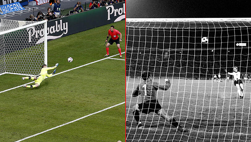 Zwischen diesen verschossenen Elfmetern liegen 40 Jahre. Mesut Özil veschießt bei der Euro 2016 gegen die Slowakei einen Elfmeter aus dem Spiel. Rechtes Bild: Uli Hoeneß haut den Ball im EM-Finale beim Elfmeterschießen gegen die Tschechoslowakei drüber. Zwischen diesen verschossenen Elfmetern liegen 40 Jahre. Mesut Özil veschießt bei der Euro 2016 gegen die Slowakei einen Elfmeter aus dem Spiel. Rechtes Bild: Uli Hoeneß haut den Ball im EM-Finale beim Elfmeterschießen gegen die Tschechoslowakei drüber.