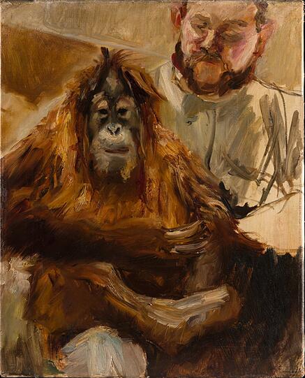Max Slevogt hat dem Orang-Utan „Seemann“ - hier mit seinem Wächter um 1901 - mehrere Bilder gewidmet.