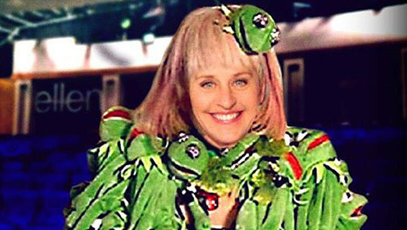 Ellen DeGeneres in einem mit Kermits übersäten Lady Gaga-Kostüm Ellen DeGeneres in einem mit Kermits übersäten Lady Gaga-Kostüm