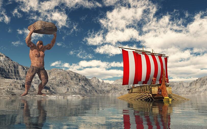 Der Zyklop Polyphem wirft einen Felsbrocken auf den fl&uuml;chtenden Odysseus mit seinen M&auml;nnern.