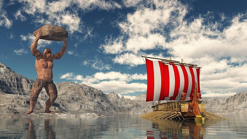 Der Zyklop Polyphem wirft einen Felsbrocken auf den fl&uuml;chtenden Odysseus mit seinen M&auml;nnern.