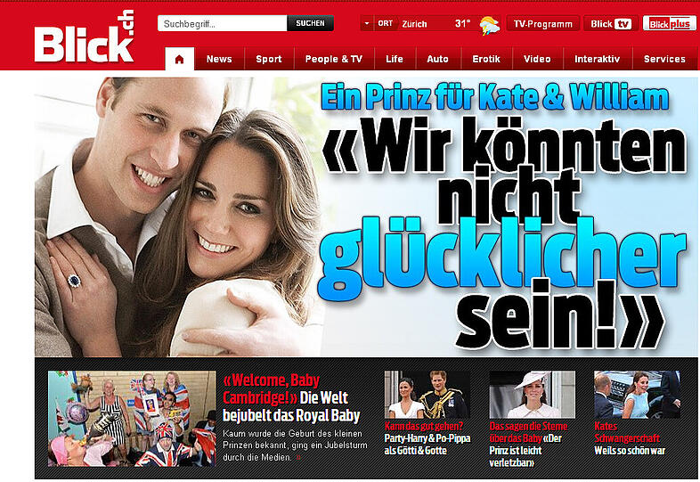 Der schweizer "Blick" schreibt: "Ein Prinz für Kate und William: Wir könnten nicht glücklicher sein!".