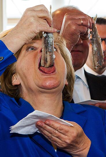 Dabei nicht vergessen: Mund weit auf und den Fisch an der ausgestreckten Zunge entlang Richtung Rachen gleiten lassen. So geht er, der Merkel-Matjes-Style.