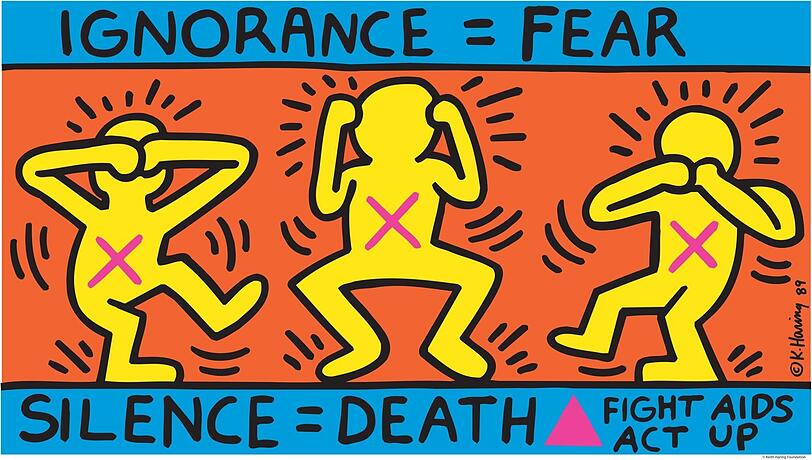 Keith Haring setzt sich ganz massiv für die Rechte der Homosexuellen und gegen die Ausgrenzung in Zeiten von Aids ein. Zum Beispiel mit der Offsetlithografie "Ignorance = Fear" von 1989.