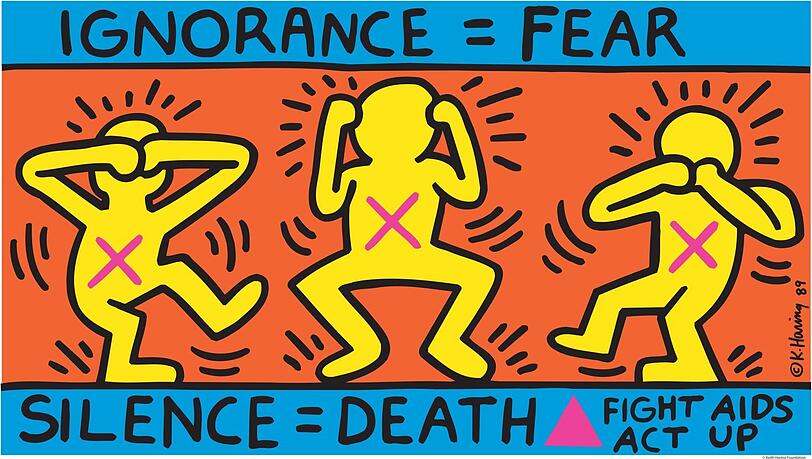 Keith Haring setzt sich ganz massiv für die Rechte der Homosexuellen und gegen die Ausgrenzung in Zeiten von Aids ein. Zum Beispiel mit der Offsetlithografie "Ignorance = Fear" von 1989. Keith Haring setzt sich ganz massiv für die Rechte der Homosexuellen und gegen die Ausgrenzung in Zeiten von Aids ein. Zum Beispiel mit der Offsetlithografie "Ignorance = Fear" von 1989.