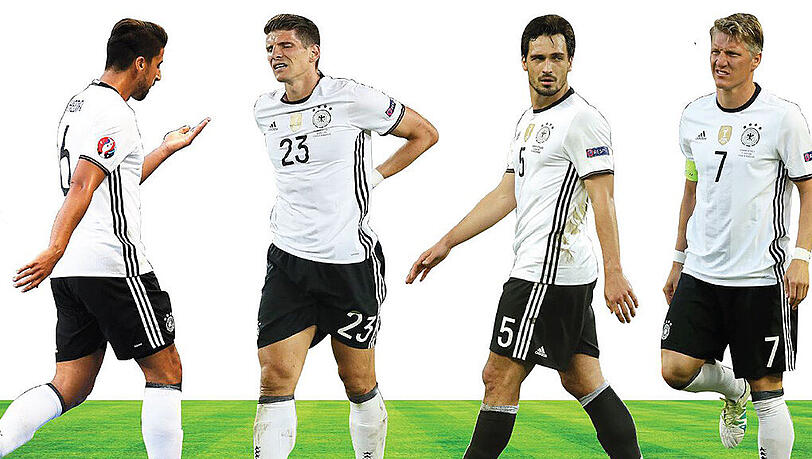 Sami Khedira, Mario Gomez, Mats Hummels und Bastian Schweinsteiger fallen wohl aus im EM-Halbfinale gegen Frankreich. Sami Khedira, Mario Gomez, Mats Hummels und Bastian Schweinsteiger fallen wohl aus im EM-Halbfinale gegen Frankreich.