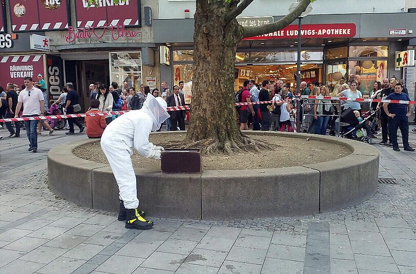 In der Fußgängerzone musste die Feuerwehr ein Bienenvolk einfangen. Die Bilder.