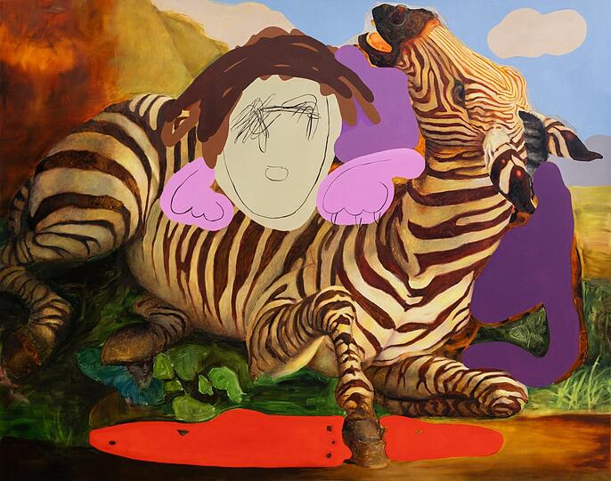 So ganz glücklich scheint das Zebra nicht zu sein. Aber wer weiß das schon. "Die große Umarmung" lautet diese Malerei von Sebastian Maas, die bei Heldenreizer Contemporary zu sehen ist. In den neuen Werken geht's überhaupt tierisch zu.
