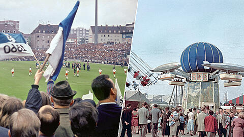 Ein Blick in die Vergangenheit: Das Grünwalder Stadion vor der Meisterschaft der Löwen 1965 (li.) und die Wiesn 1955.