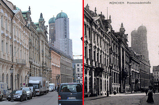 Gut in Schuss geblieben: Die Kardinal-Faulhaber-Straße mit ihren prächtigen Fassaden der alten Palais zeigt sich einst und heute als geldiges Eck. Und drüber thronen &ndash; damals wie heute &ndash; die welschen Hauben der Münchner Frauenkirche.