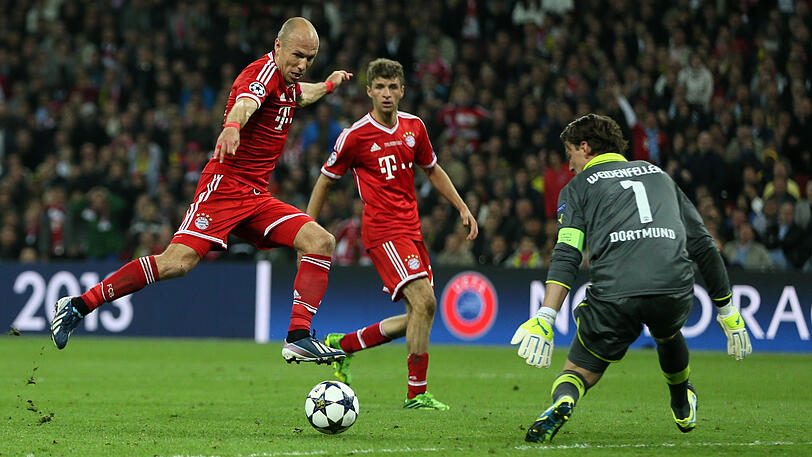 25. Mai 2013, Champions League: Der Höhepunkt der Triple-Saison unter Trainer Jupp Heynckes. Die Bayern gewinnen mit 2:1 in Wembley. Arjen Robben sorgt im deutschen Finale für die Entscheidung.